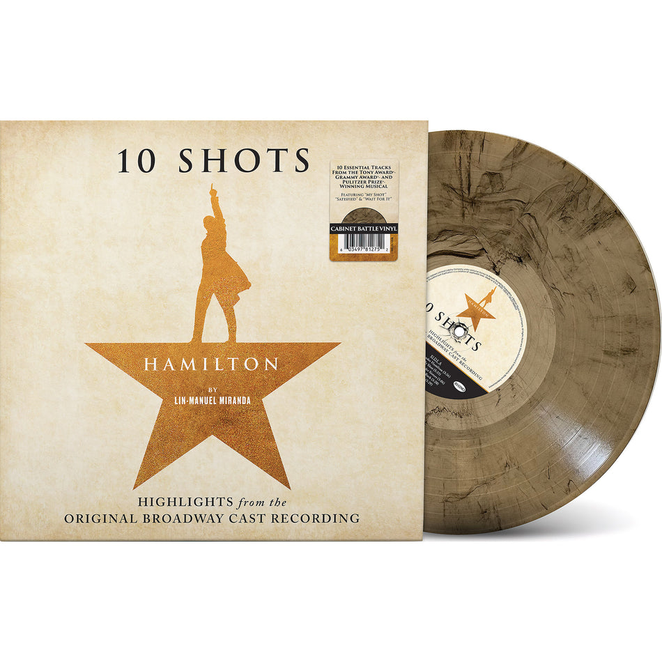 Hamilton: 10 Shots vinyl packshot, tan LP, Diamond-certified musical theater highlights