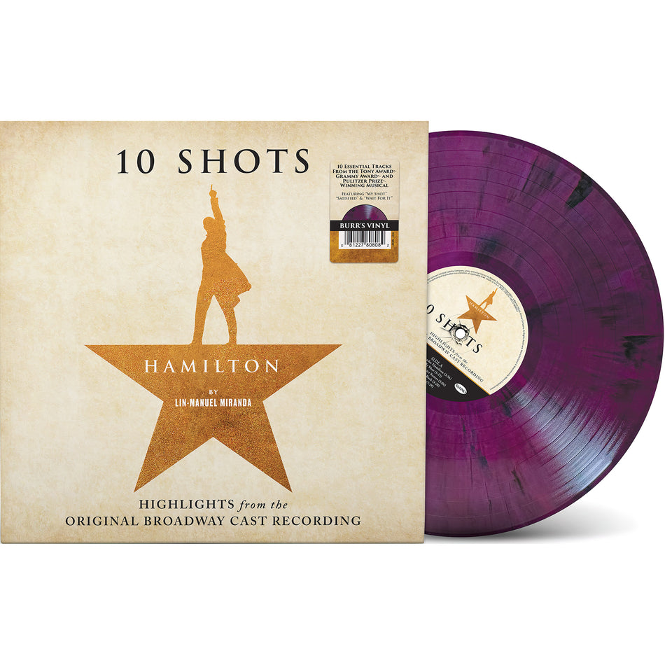 Hamilton: 10 Shots packshot, Burr's purple swirl colored vinyl pressing, indie exclusive with poster