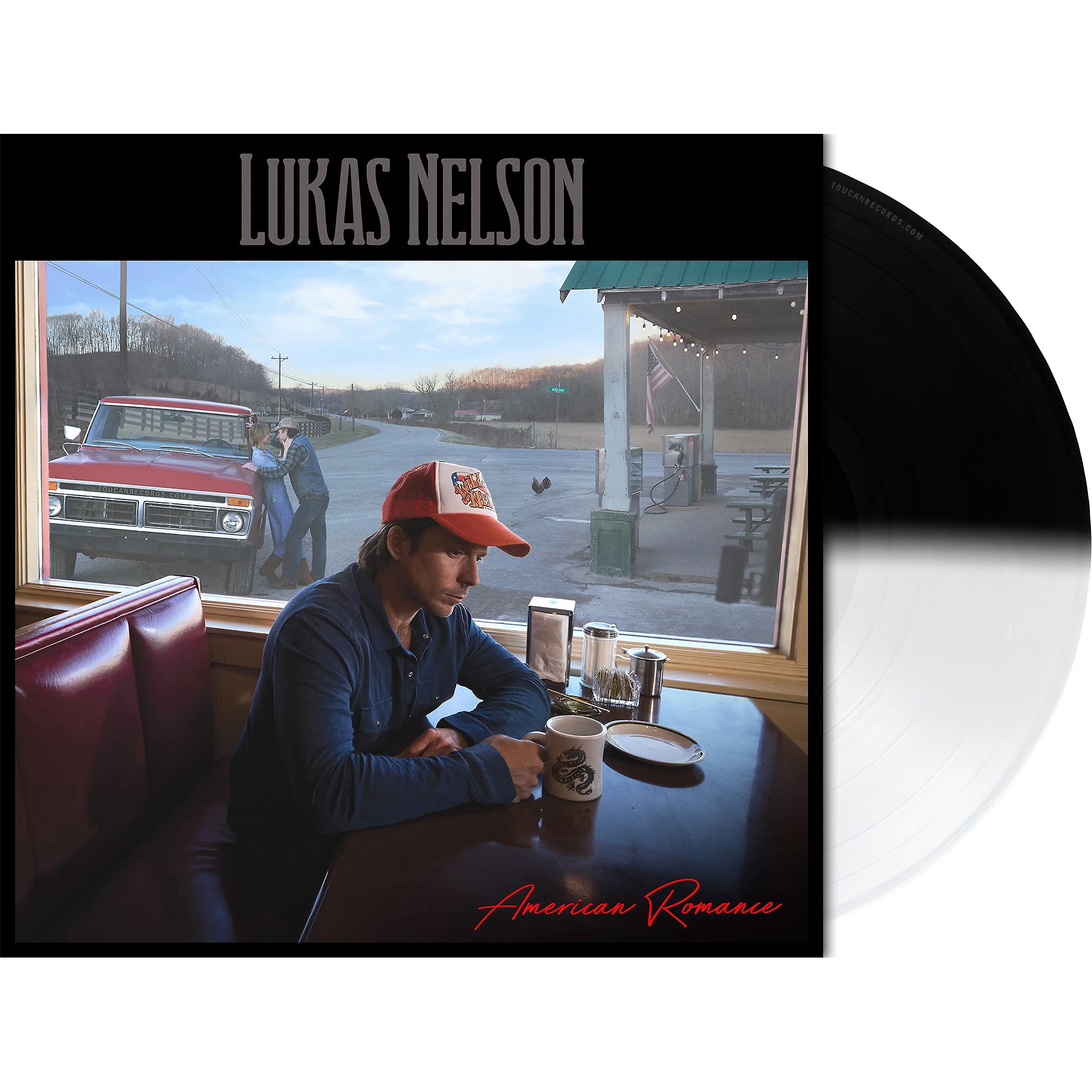 Lukas Nelson American Romance vinyl LP packshot for the black and white split colored vinyl gatefold edition is available to buy at ToucanRecords.com