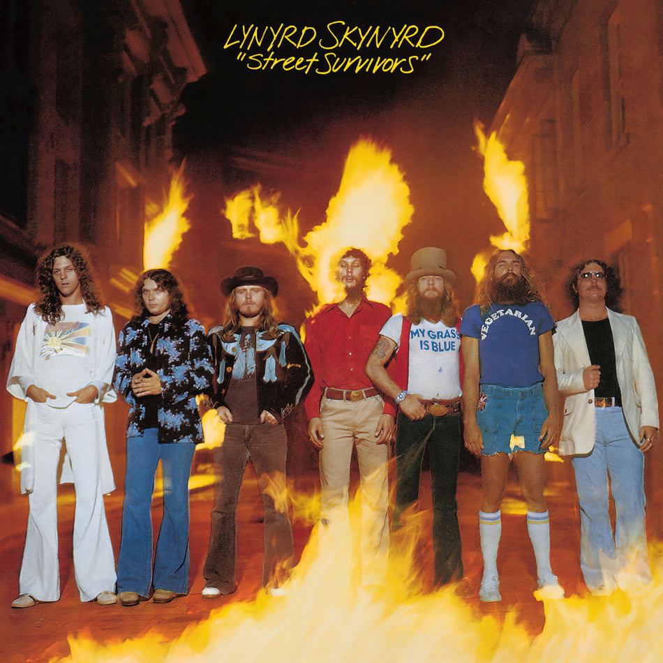 Lynyrd Skynyrd – Street Survivors album cover, flame cover reissue on black vinyl LP, southern rock classic — proudly featured at ToucanRecords.com