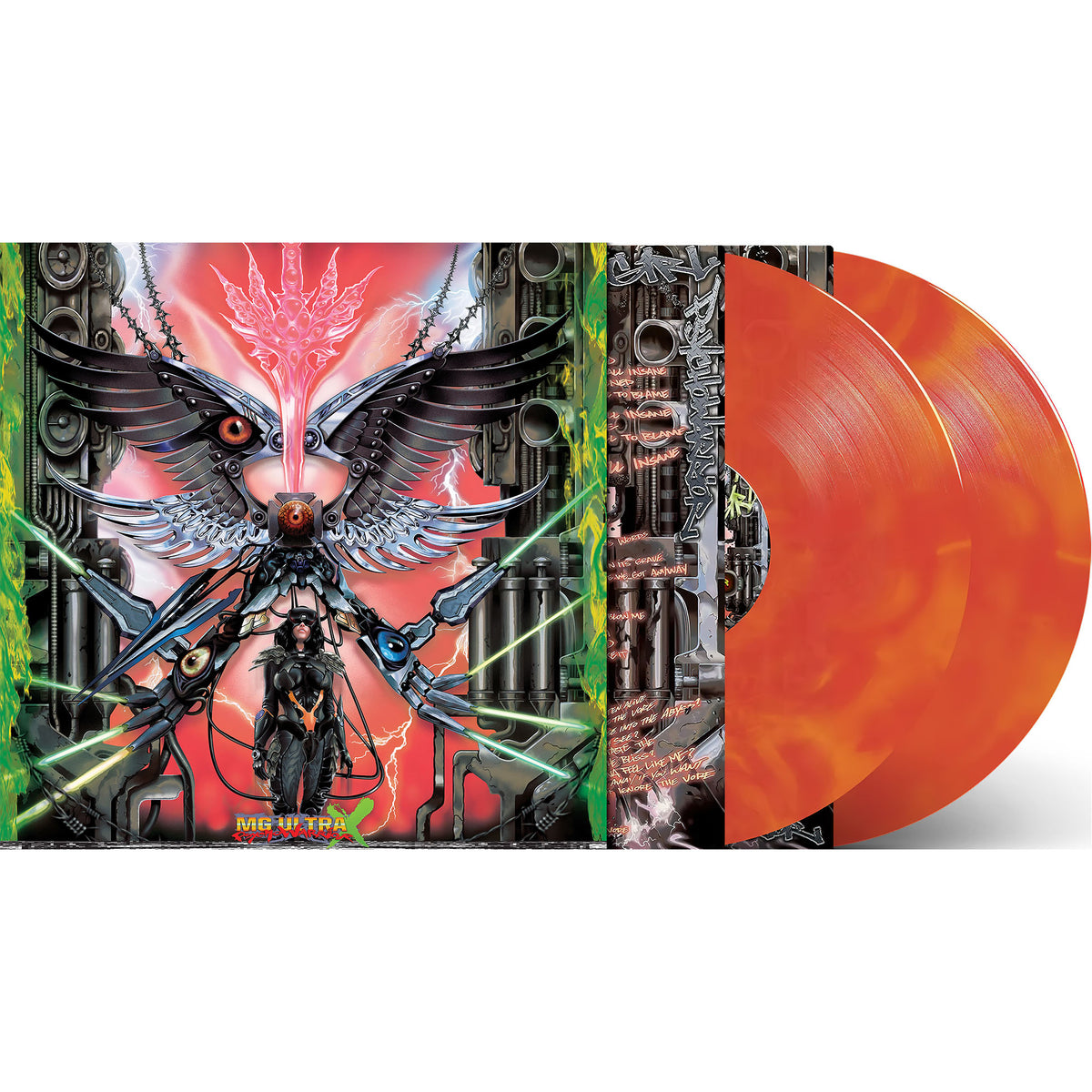 Machine Girl - Psycho Warrior MG Ultra X vinyl packshot, indie exclusive orange galaxy pressing with printed sleeves, experimental electronic hardcore
