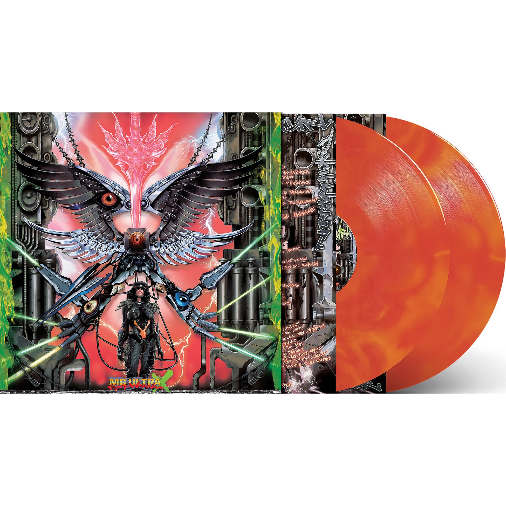 Machine Girl - Psycho Warrior MG Ultra X vinyl packshot, indie exclusive orange galaxy pressing with printed sleeves, experimental electronic hardcore