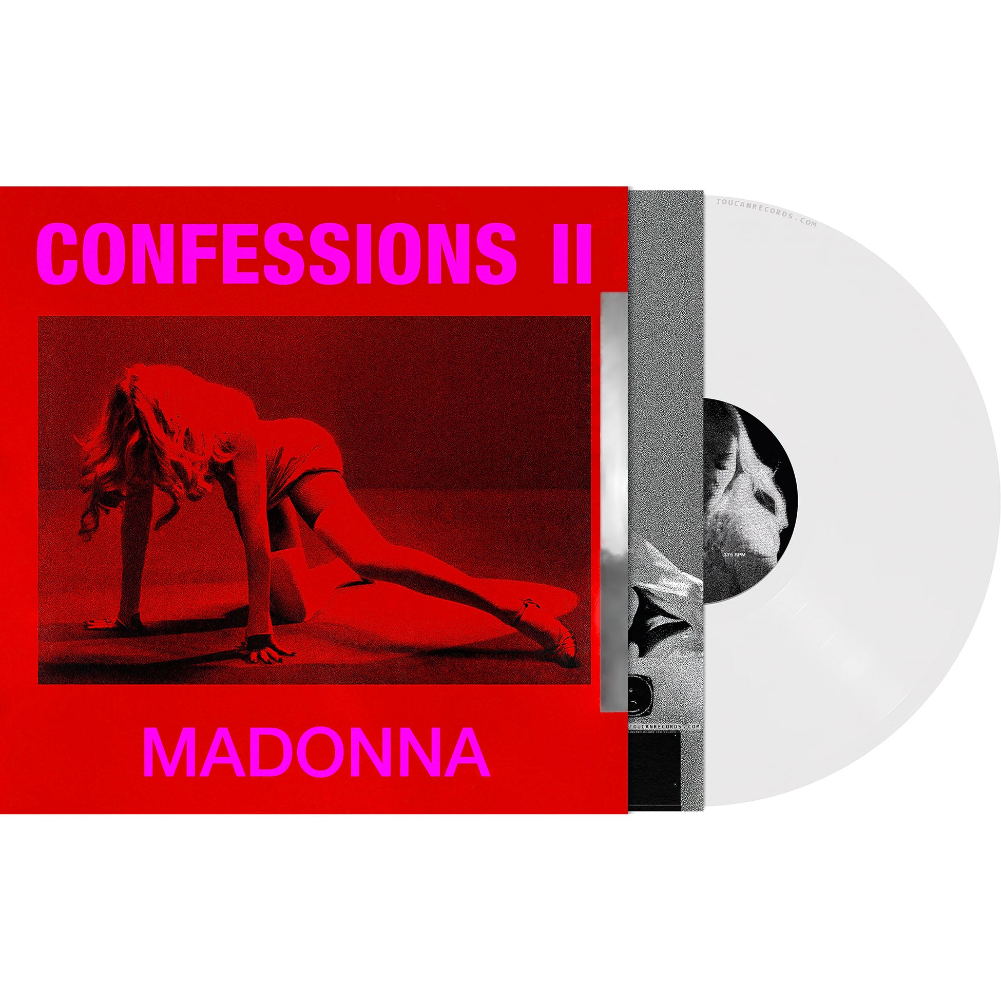 Madonna Confessions II packshot for indie exclusive white vinyl LP with alternate cover, 12x12 sheet, and poster