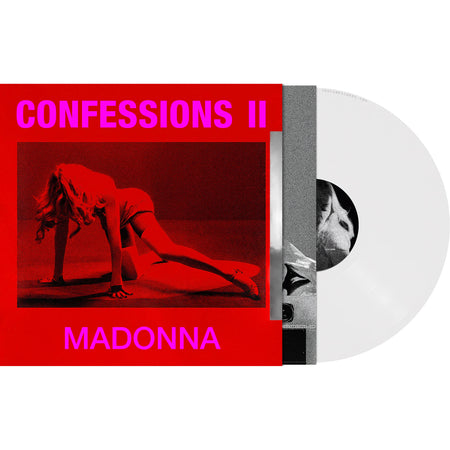 Madonna Confessions II packshot for indie exclusive white vinyl LP with alternate cover, 12x12 sheet, and poster