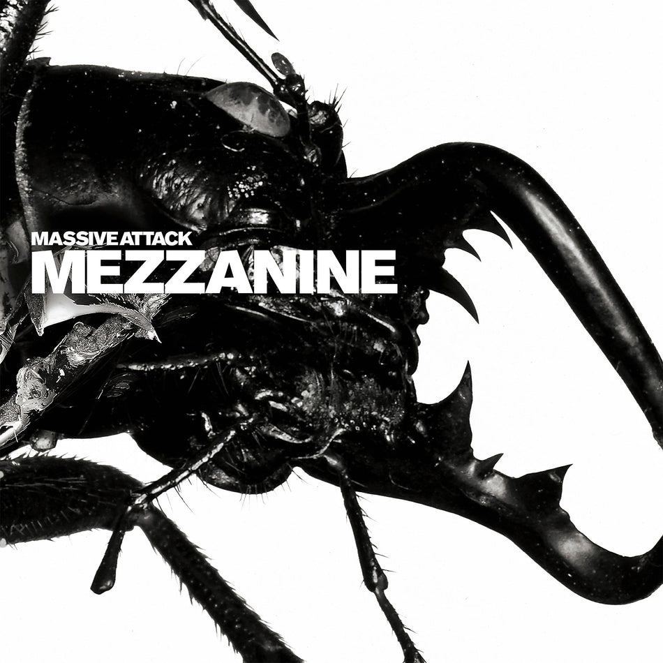 Massive Attack Mezzanine album cover, 180g black vinyl 2LP edition, iconic black beetle artwork from 1998