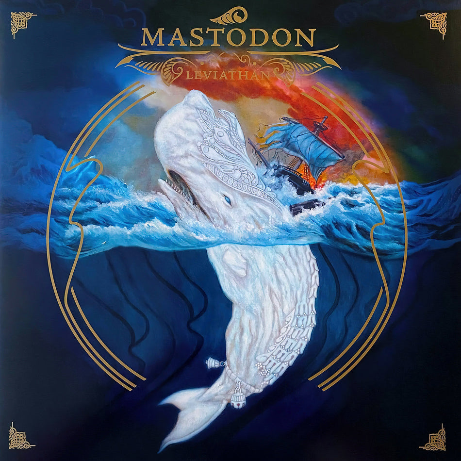 Mastodon - Leviathan album cover, green white merge with splatter vinyl, 20th anniversary edition, Moby Dick & Captain Ahab progressive metal concept album.