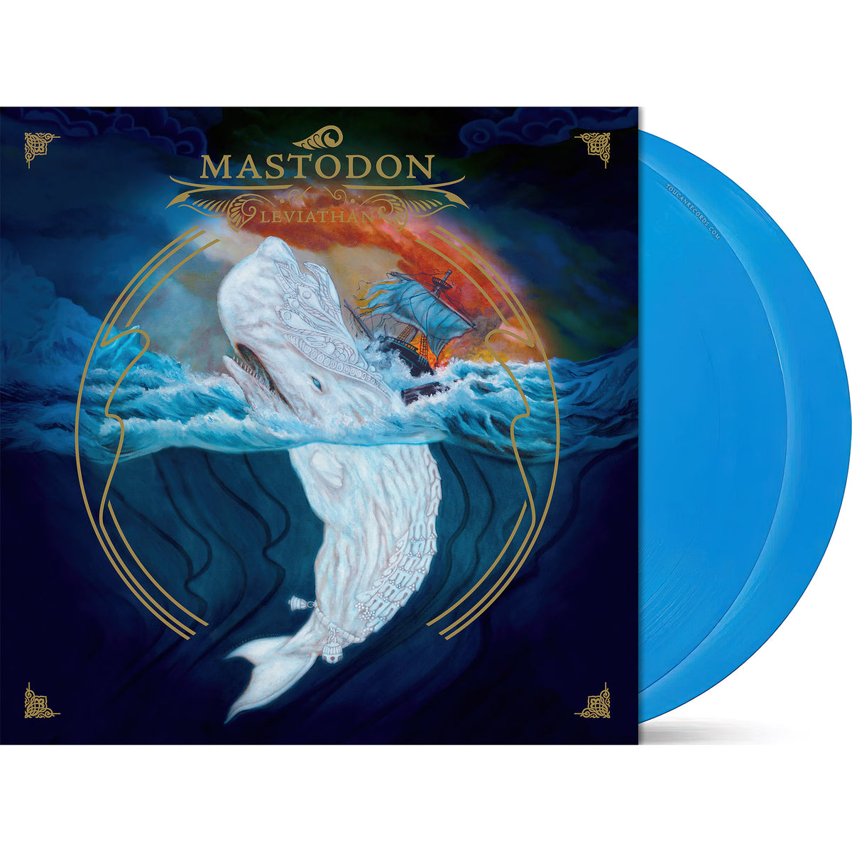 Mastodon Leviathan packshot for vinyl LP, limited edition sky blue 2LP with deluxe gatefold packaging, ToucanRecords.com