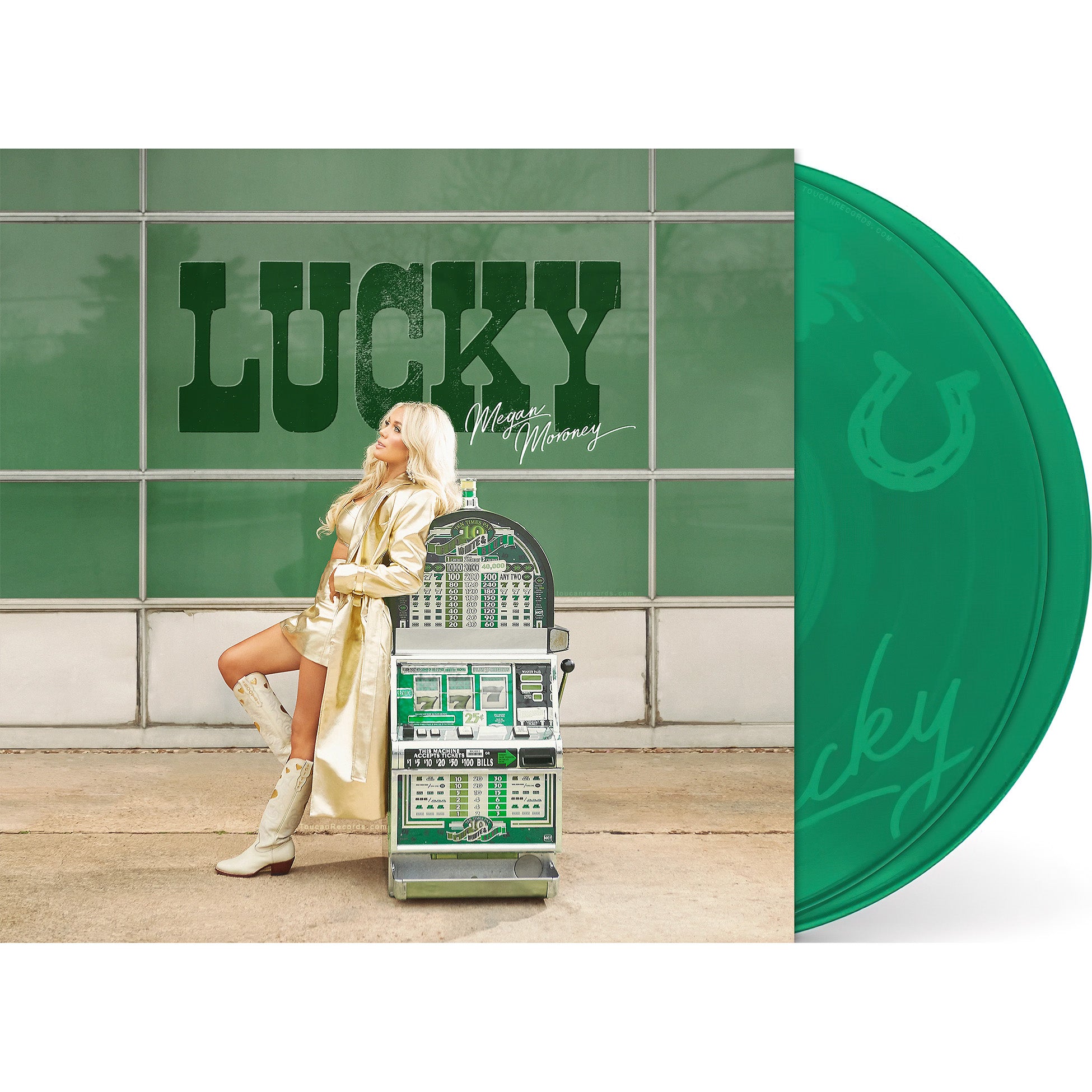 Lucky Deluxe Edition by Megan Moroney, green vinyl packshot, 2LP pressing with Side D Etching, country pop Nashville Sound - ToucanRecords.com