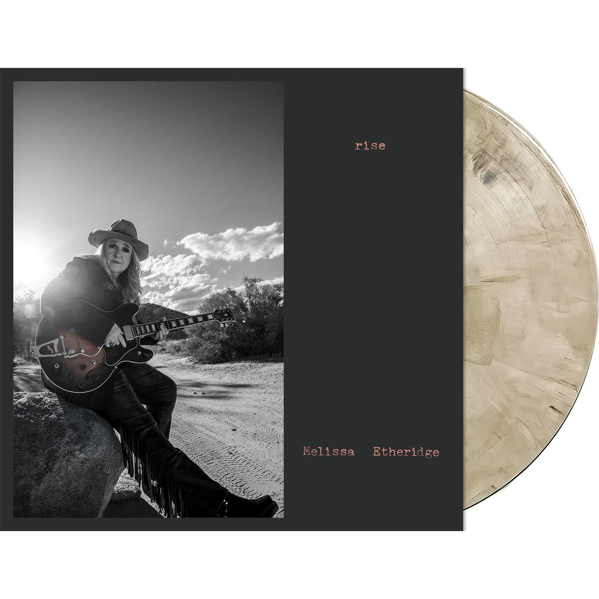 Melissa Etheridge Rise tan smoke vinyl LP packshot in gatefold jacket with printed inner sleeve at ToucanRecords.com