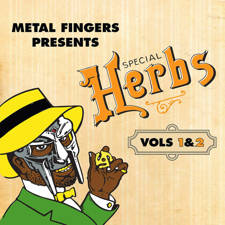MF DOOM - Metal Fingers Presents: Special Herbs Vol 1 & 2 album cover, 2LP orange vinyl, mustard yellow, die-cut gatefold, instrumental hip-hop