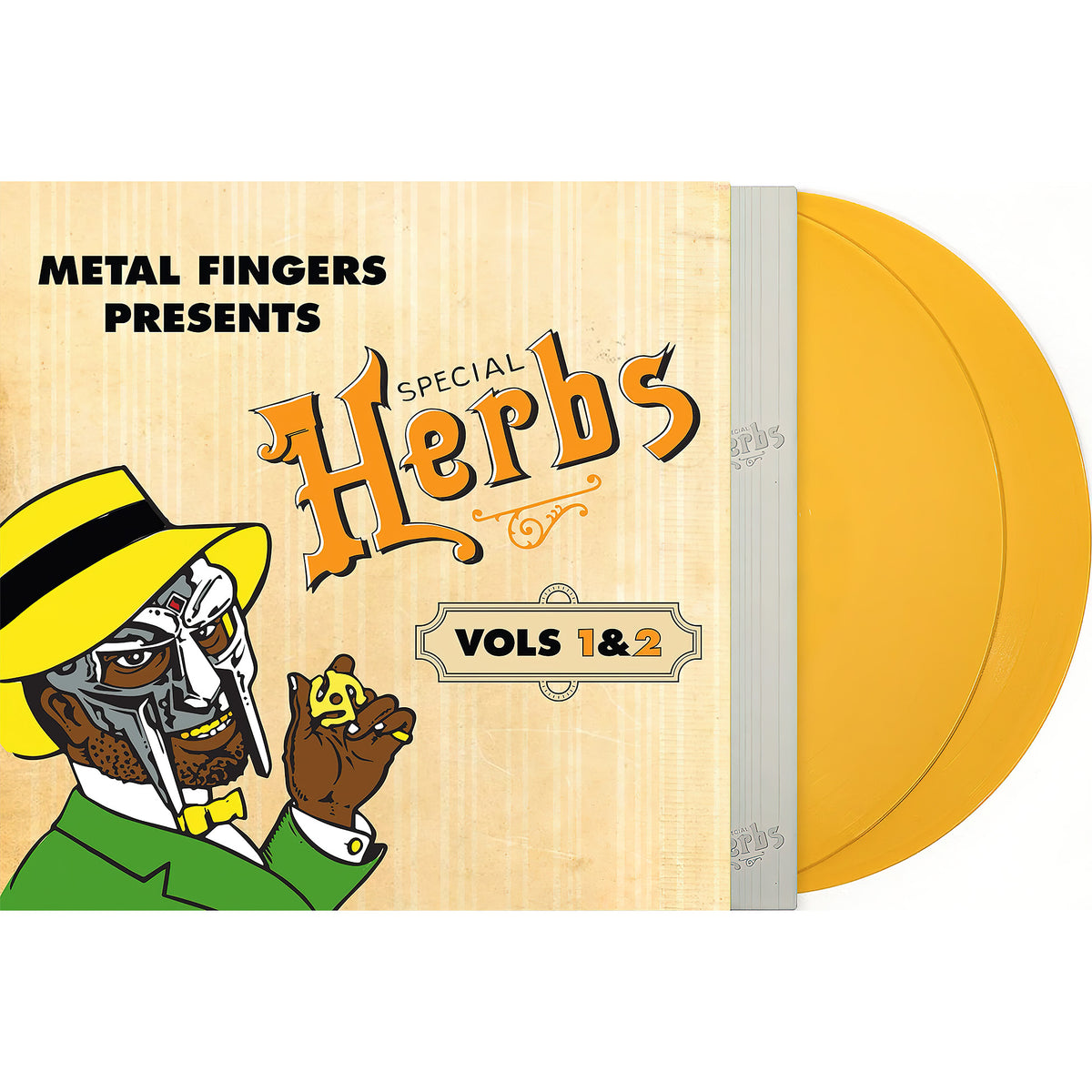 MF DOOM - Metal Fingers Presents: Special Herbs Vol 1 & 2 packshot, orange vinyl 2LP, mustard yellow, underground instrumental hip-hop edition