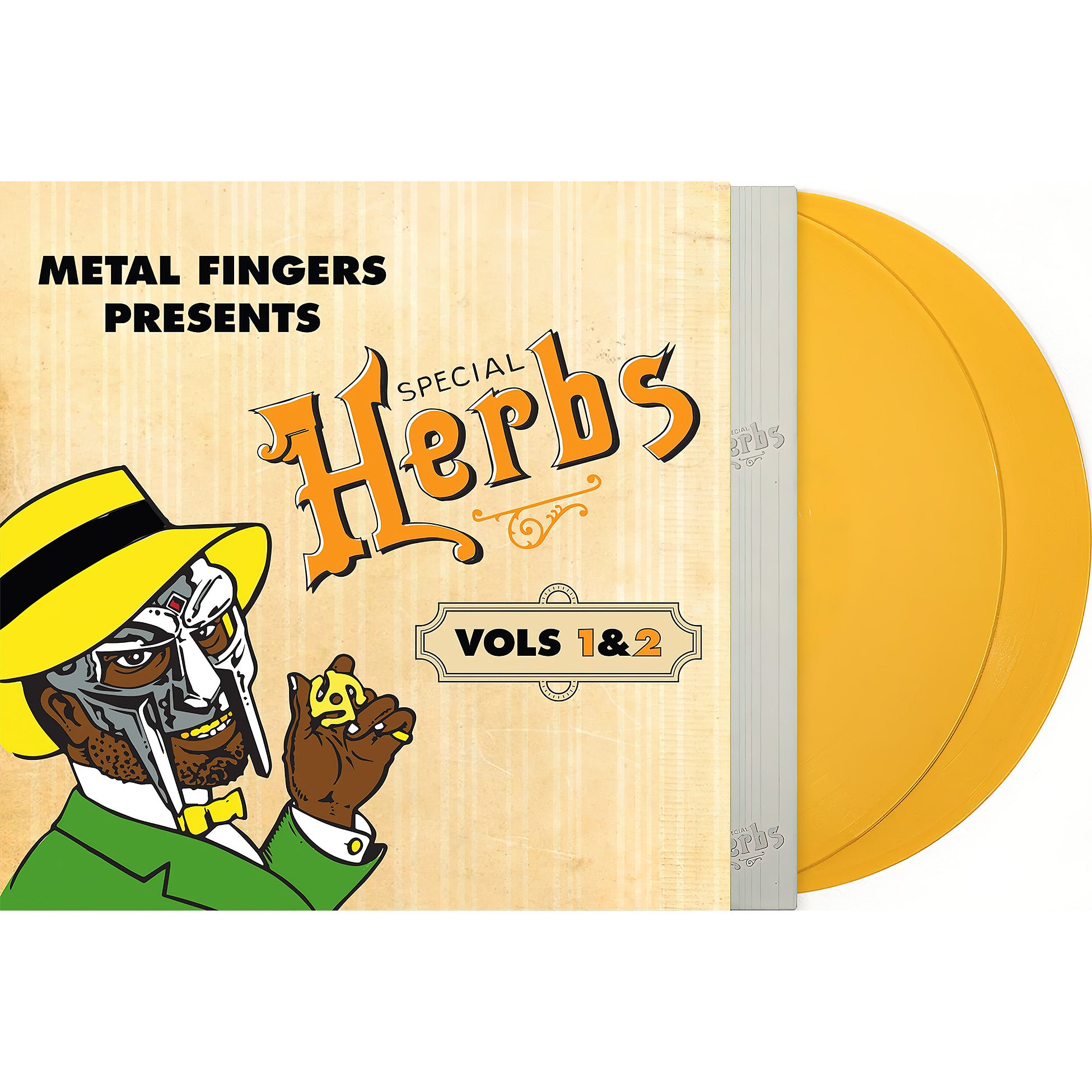 MF DOOM - Metal Fingers Presents: Special Herbs Vol 1 & 2 packshot, orange vinyl 2LP, mustard yellow, underground instrumental hip-hop edition