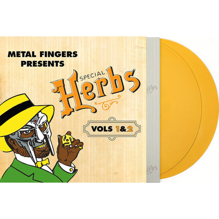 MF DOOM - Metal Fingers Presents: Special Herbs Vol 1 & 2 packshot, orange vinyl 2LP, mustard yellow, underground instrumental hip-hop edition