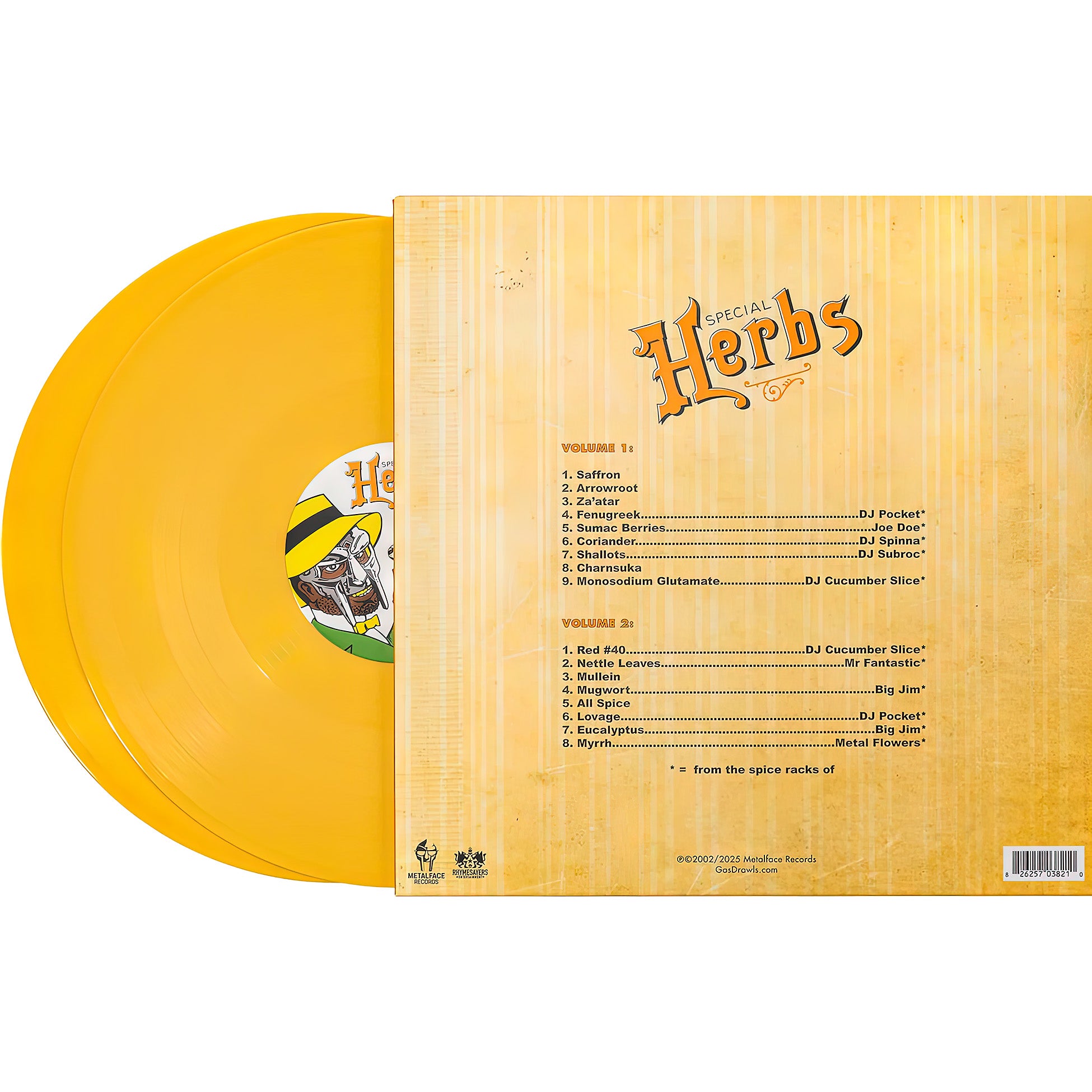 MF DOOM - Metal Fingers Presents: Special Herbs Vol 1 & 2, vinyl packshot back view, standard weight pressing, die-cut gatefold with insert, instrumental hip-hop, metalface
