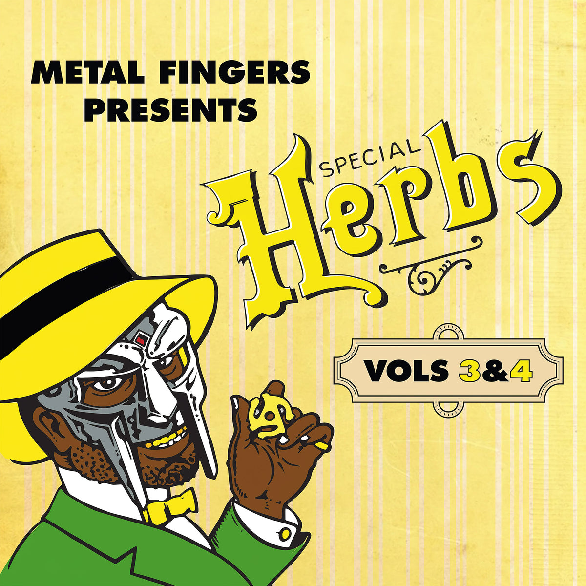MF DOOM - Metal Face Presents: Special Herbs Vol 3 & 4 album cover, lemon yellow vinyl 2LP, die-cut gatefold packaging, instrumental hip-hop