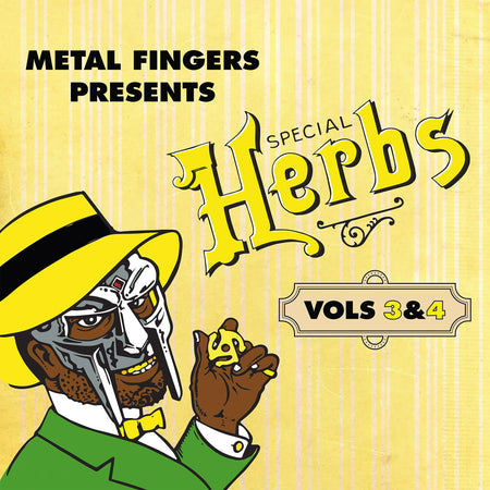 MF DOOM - Metal Face Presents: Special Herbs Vol 3 & 4 album cover, lemon yellow vinyl 2LP, die-cut gatefold packaging, instrumental hip-hop