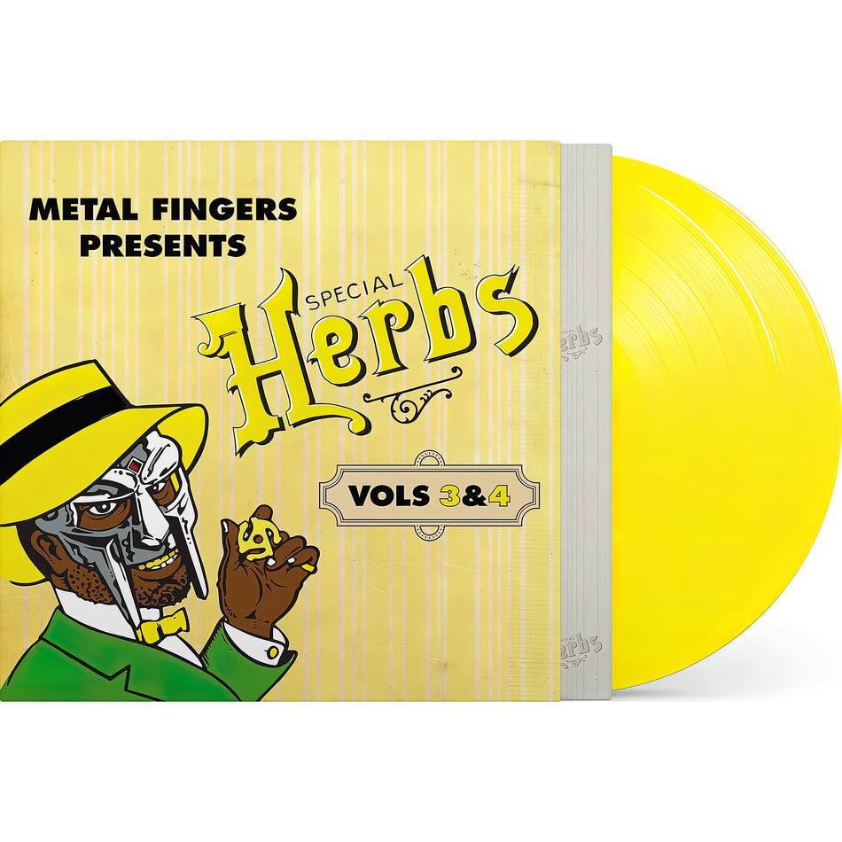 MF DOOM Special Herbs Vol 3 & 4 packshot, lemon yellow vinyl pressing, underground hip-hop beats, Metal Fingers Presents
