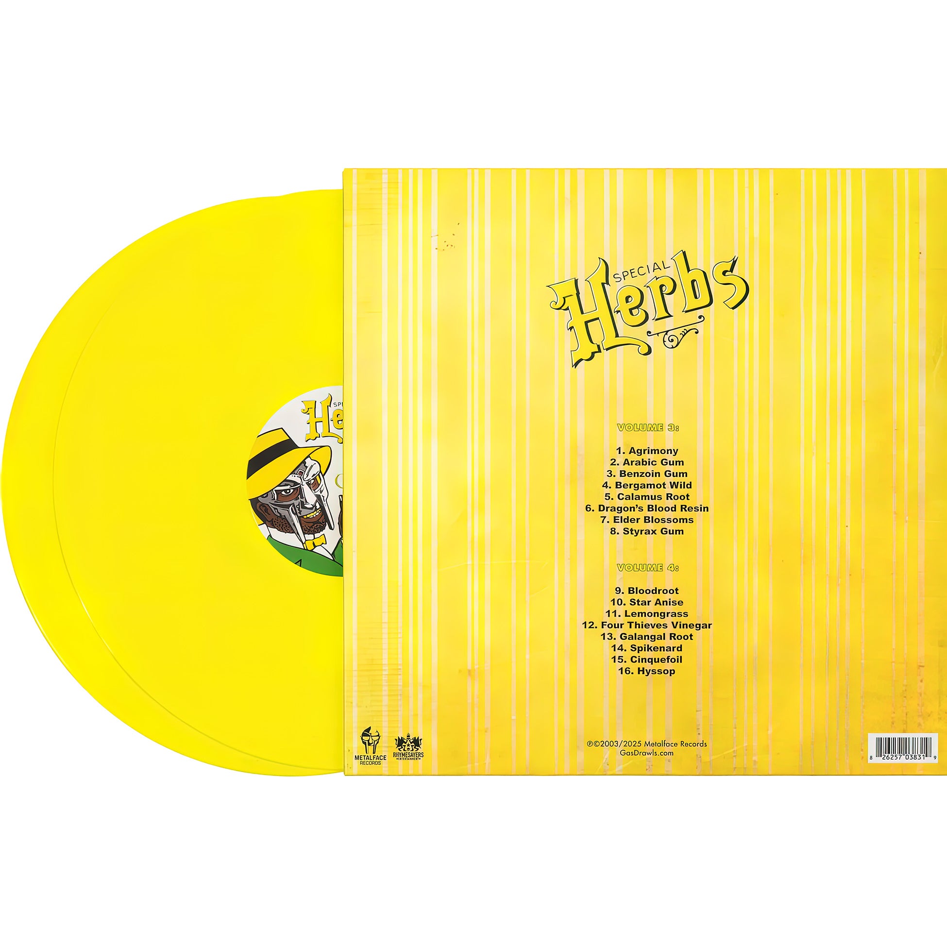 MF DOOM Special Herbs vinyl records packshot back view, die-cut gatefold edition, sample-based hip-hop music collection, lemon yellow colored vinyl