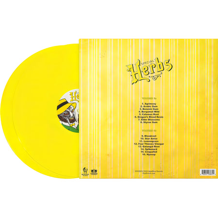 MF DOOM Special Herbs vinyl records packshot back view, die-cut gatefold edition, sample-based hip-hop music collection, lemon yellow colored vinyl