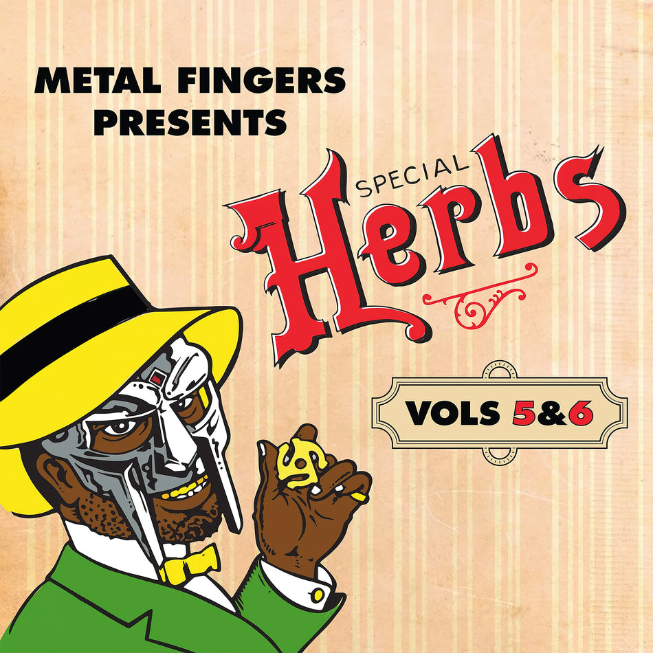 MF DOOM Special Herbs Vol 5 & 6 album cover, apple red colored vinyl 2LP, die-cut gatefold packaging. Available ToucanRecords.com