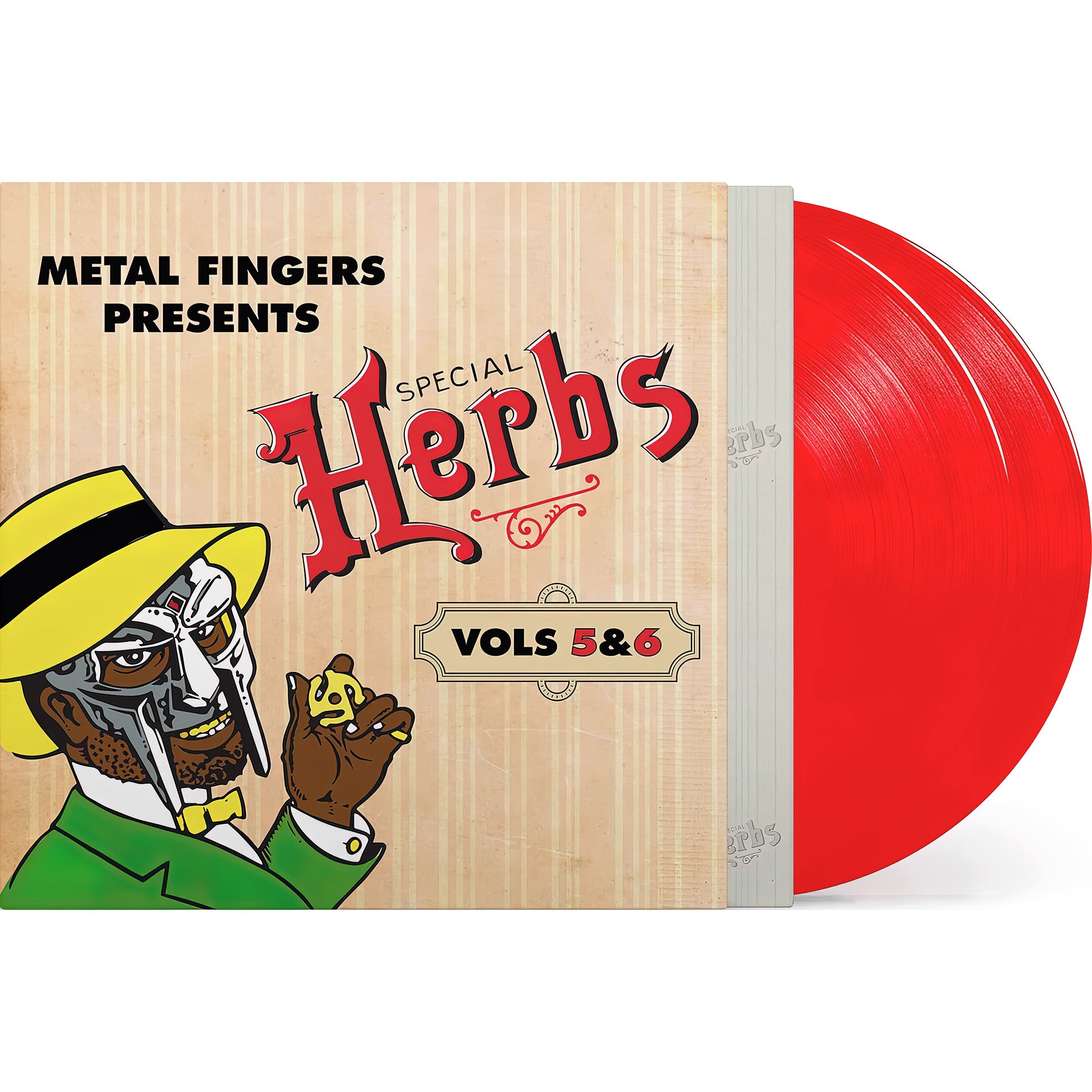 MF DOOM Special Herbs Vol 5 & 6 packshot, apple red vinyl pressing, underground hip-hop instrumentals