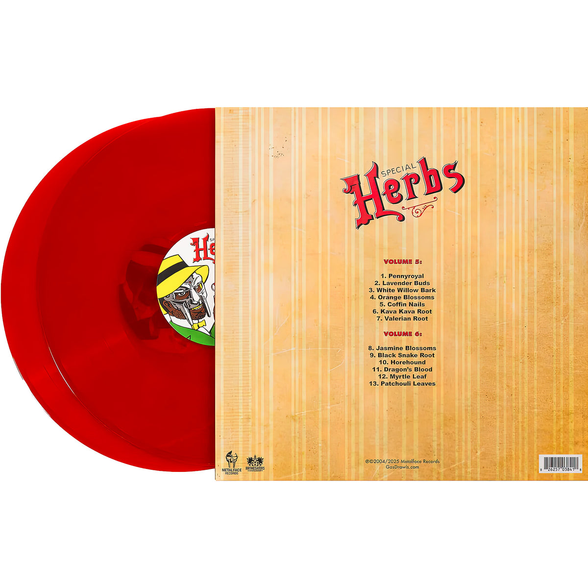 MF DOOM - Metal Fingers Presents: Special Herbs Vol 5 & 6, vinyl records packshot back view, red colored vinyl, die-cut gatefold edition, sample-based instrumental hip-hop collection
