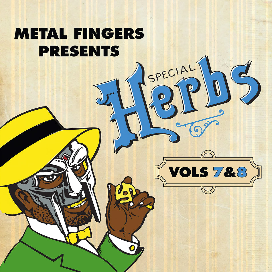 MF DOOM Special Herbs Vol 7 & 8 album cover, 2 LP sky blue colored vinyl, die-cut gatefold packaging & rolling paper insert