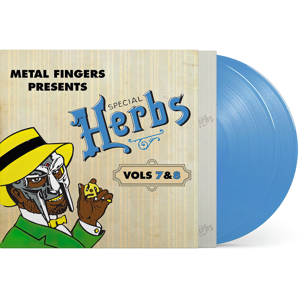 MF DOOM Special Herbs Vol 7 & 8 packshot, sky blue colored vinyl pressing, underground hip-hop instrumentals
