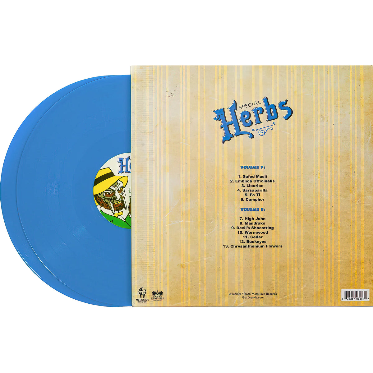 MF DOOM Metal Fingers Presents: Special Herbs Vol. 7 & 8, 2 blue vinyl records, die-cut gatefold edition, sample-based music classic, instrumental hip-hop