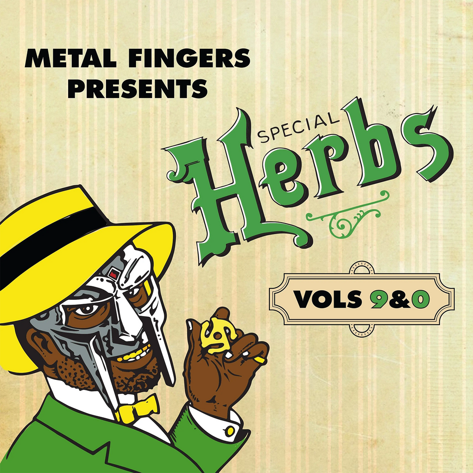 MF DOOM Special Herbs Vol 9 & 0 album cover, green vinyl 2LP, die-cut gatefold packaging, Metal Fingers Presents - available ToucanRecords.com