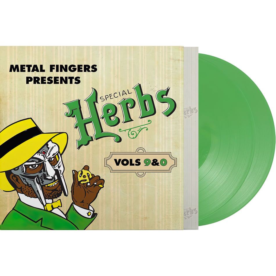MF DOOM - Metal Fingers Presents Special Herbs Vol 9 & 0 packshot, green vinyl pressing, underground hip-hop beats