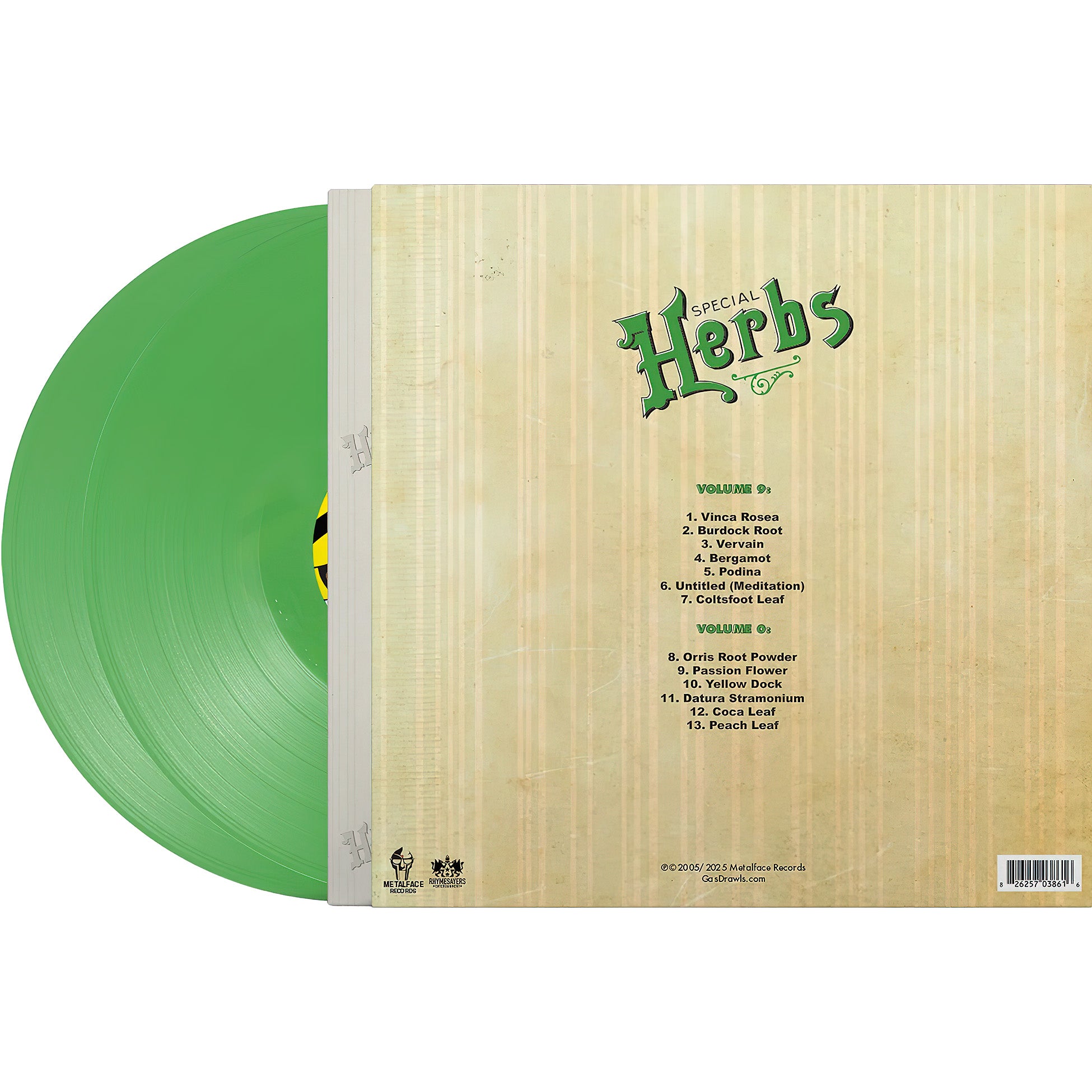 MF DOOM Special Herbs vinyl records display, packshot back view, die-cut gatefold edition, sample-based music collection