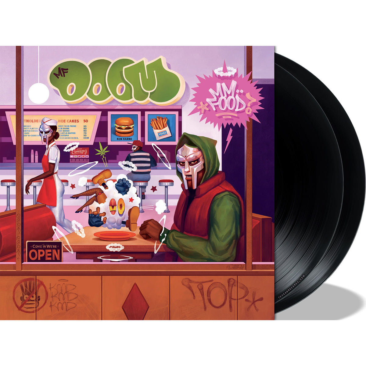MF DOOM MM..FOOD packshot for 20th Anniversary vinyl LP on 2LP black vinyl with tip-on gatefold jacket