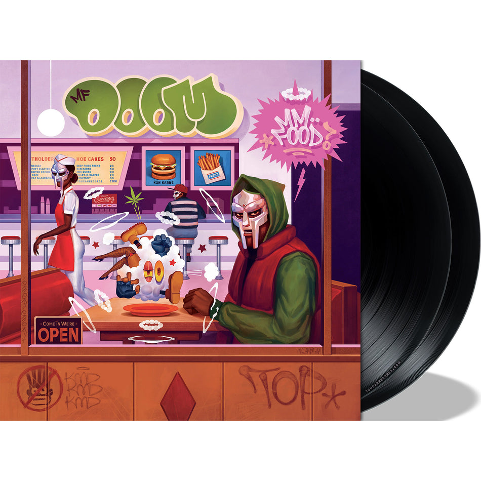 MF DOOM MM..FOOD packshot for 20th Anniversary vinyl LP on 2LP black vinyl with tip-on gatefold jacket