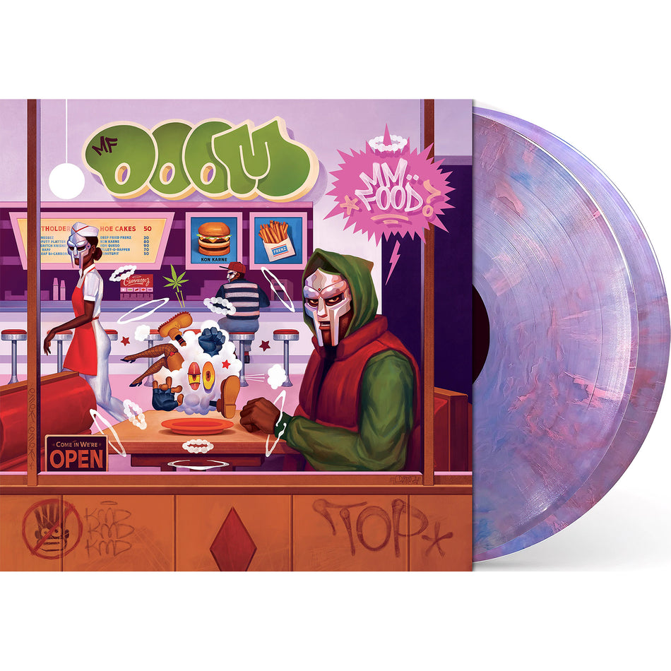 MF DOOM - MM..FOOD packshot, Sweet Tart pink & blue marble colored vinyl 2LP. Explore more at ToucanRecords.com