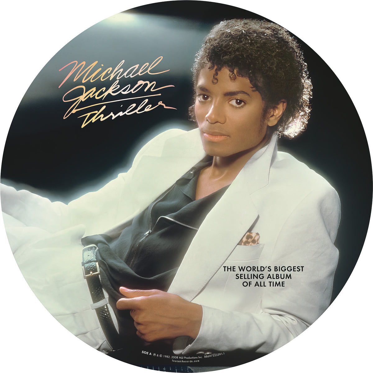 Michael Jackson Thriller album cover for picture disc vinyl record featuring Beat It, Billie Jean, and the title track