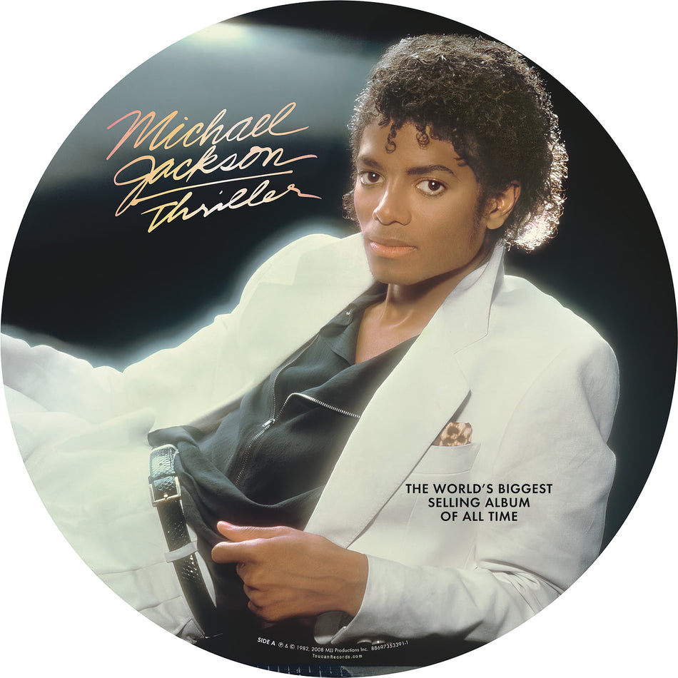 Michael Jackson Thriller album cover for picture disc vinyl record featuring Beat It, Billie Jean, and the title track