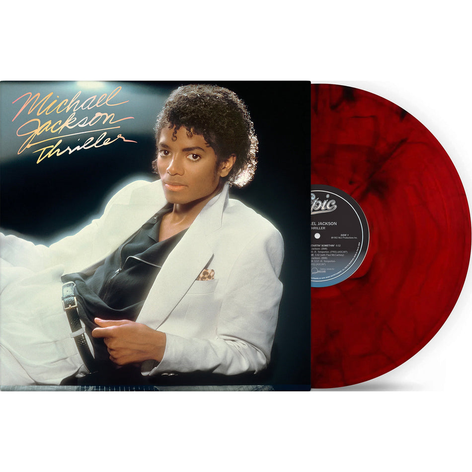Michael Jackson - Thriller packshot of the Red & Black Marbled Vinyl LP featuring Billie Jean, Beat I and the Title Track at ToucanRecords.com.