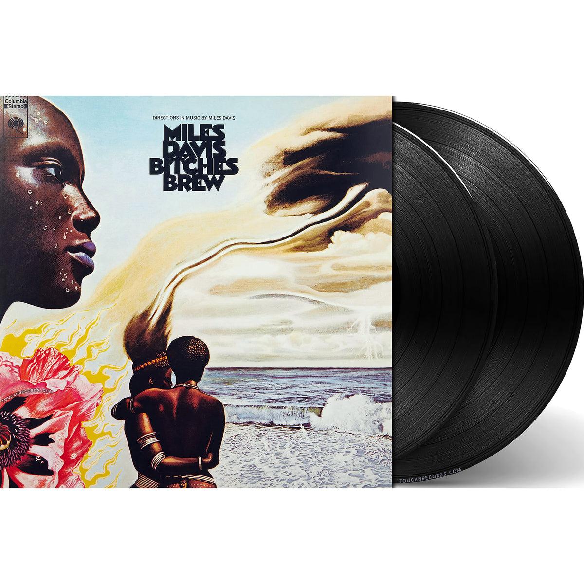 Miles Davis Bitches Brew 2LP black vinyl packshot, electric jazz gatefold double album available online at ToucanRecords.com