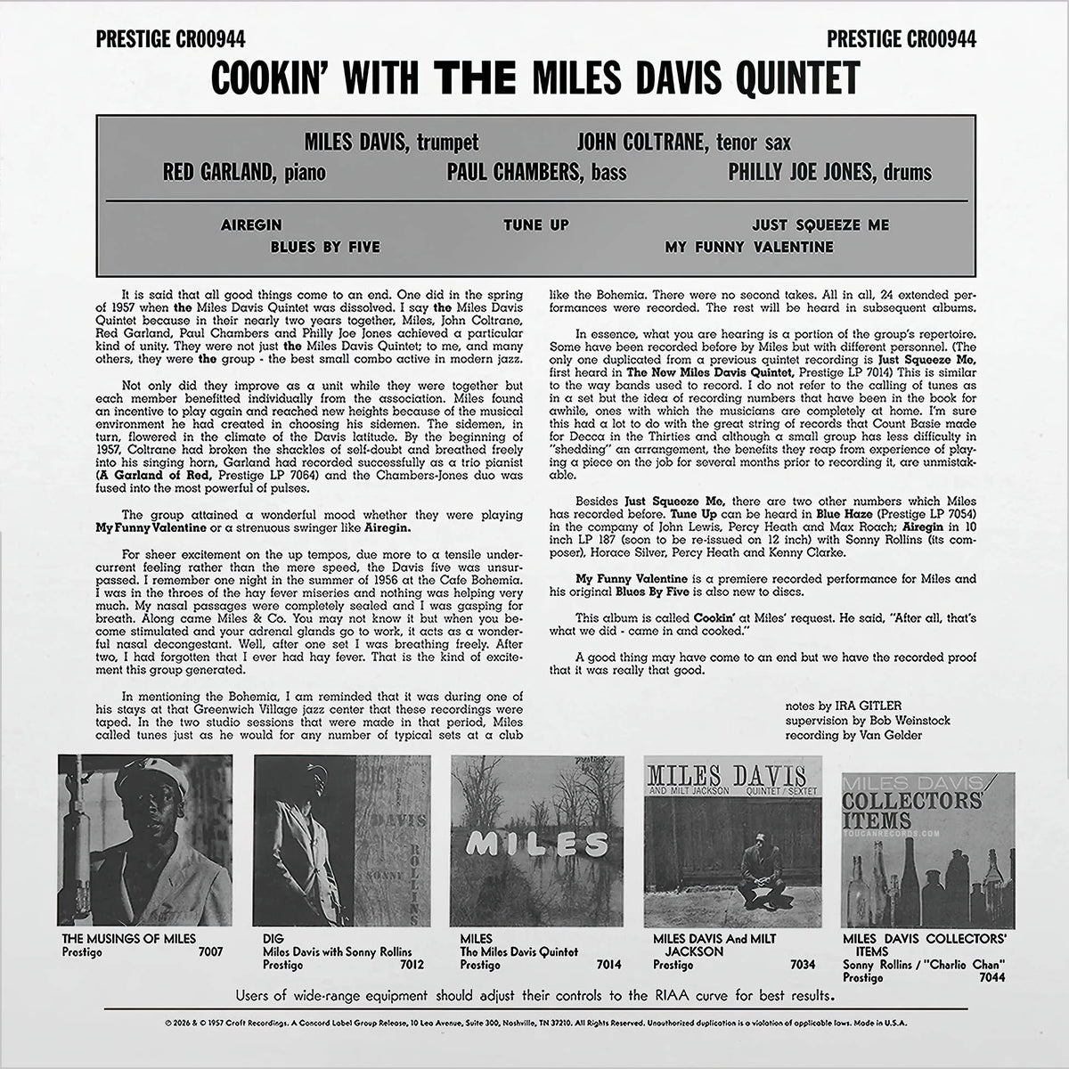 Miles Davis Cookin' With The Miles Davis Quintet back album cover for the audiophile Original Jazz Classics vinyl LP available at ToucanRecords.com