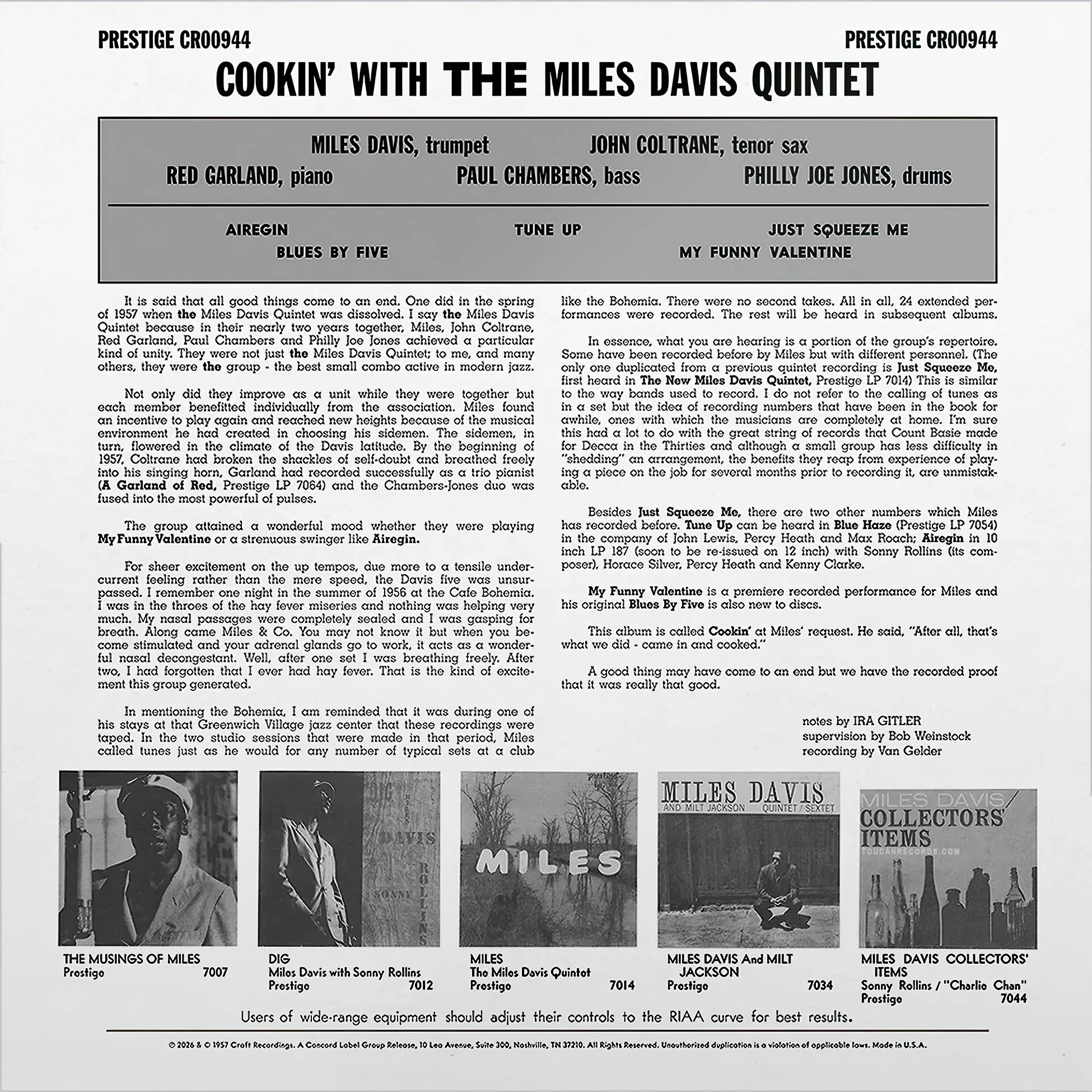 Miles Davis Cookin' With The Miles Davis Quintet back album cover for the audiophile Original Jazz Classics vinyl LP available at ToucanRecords.com