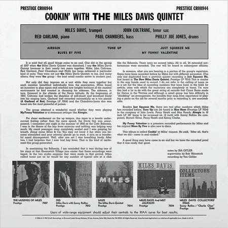 Miles Davis Cookin' With The Miles Davis Quintet back album cover for the audiophile Original Jazz Classics vinyl LP available at ToucanRecords.com