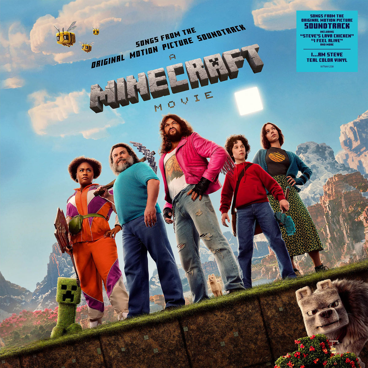 A Minecraft Movie soundtrack album cover, teal blue vinyl pressing, standard jacket edition, pop rock with 2 film score tracks