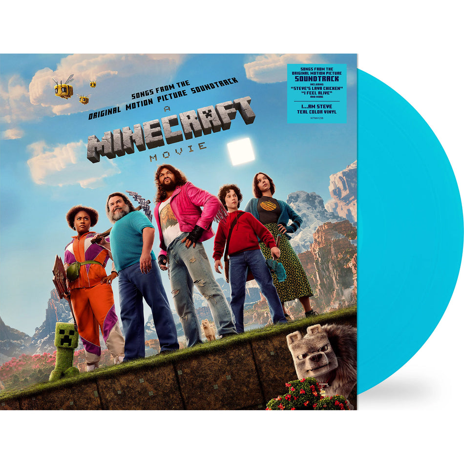 A Minecraft Movie soundtrack packshot, teal blue vinyl pressing, pop rock music with 2 film score tracks
