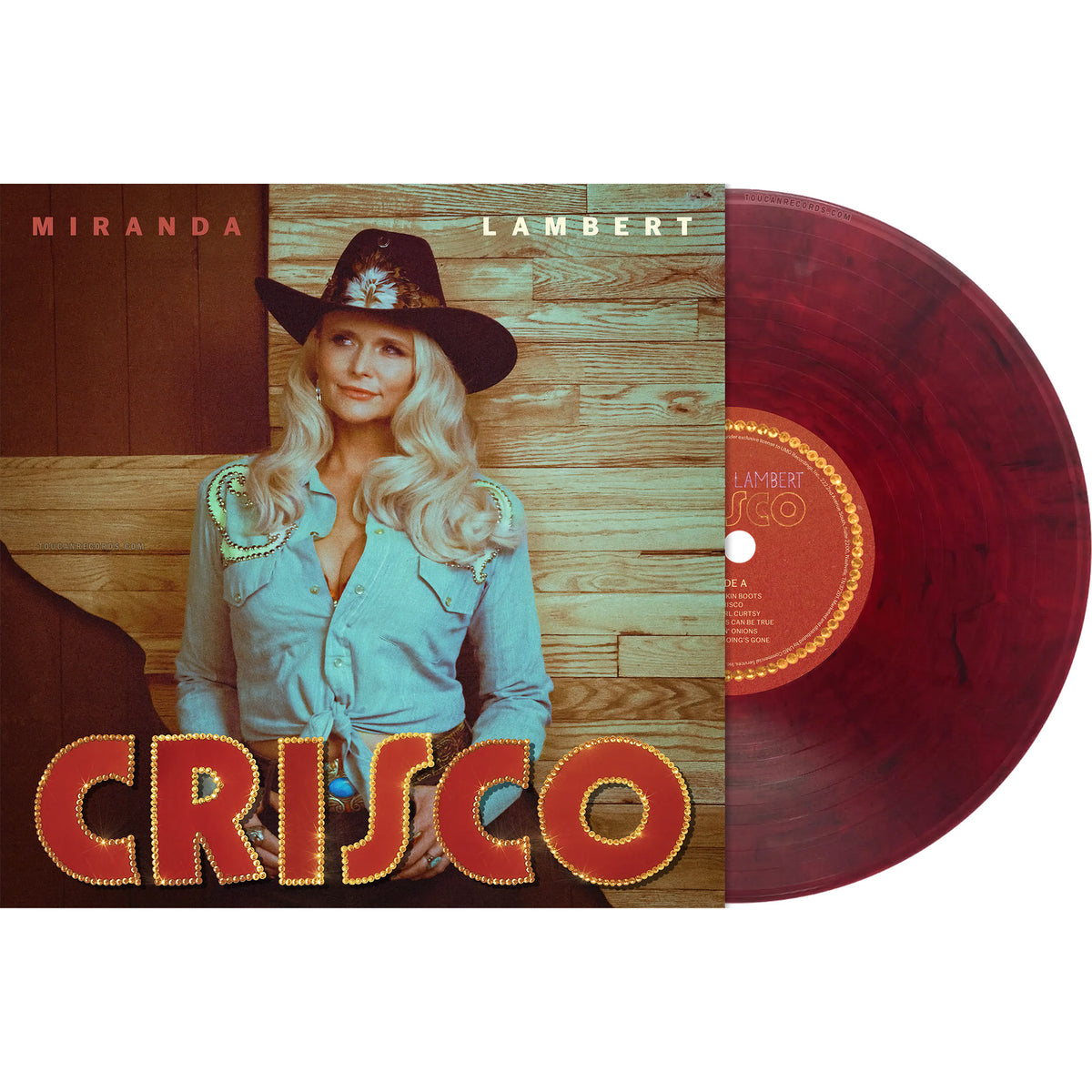 Miranda Lambert Crisco colored vinyl record packshot featuring Burnt Leather pressing, available at ToucanRecords.com