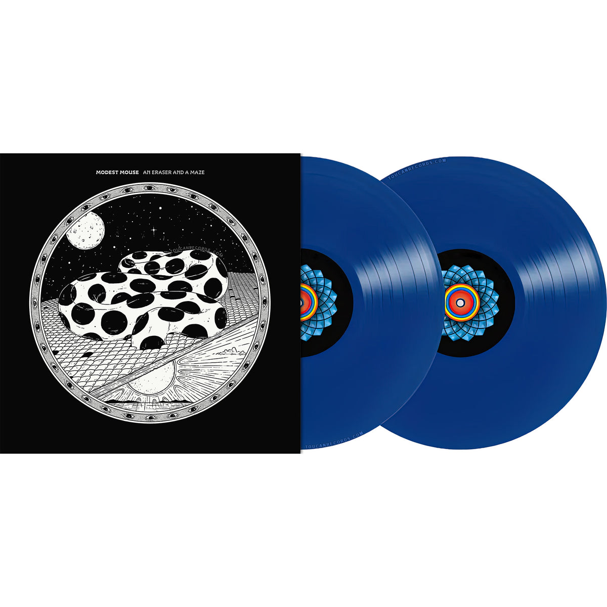 Modest Mouse An Eraser And A Maze vinyl packshot featuring the gatefold jacket, blue vinyl, printed inner sleeves, and lyrics sheet at Toucan Records