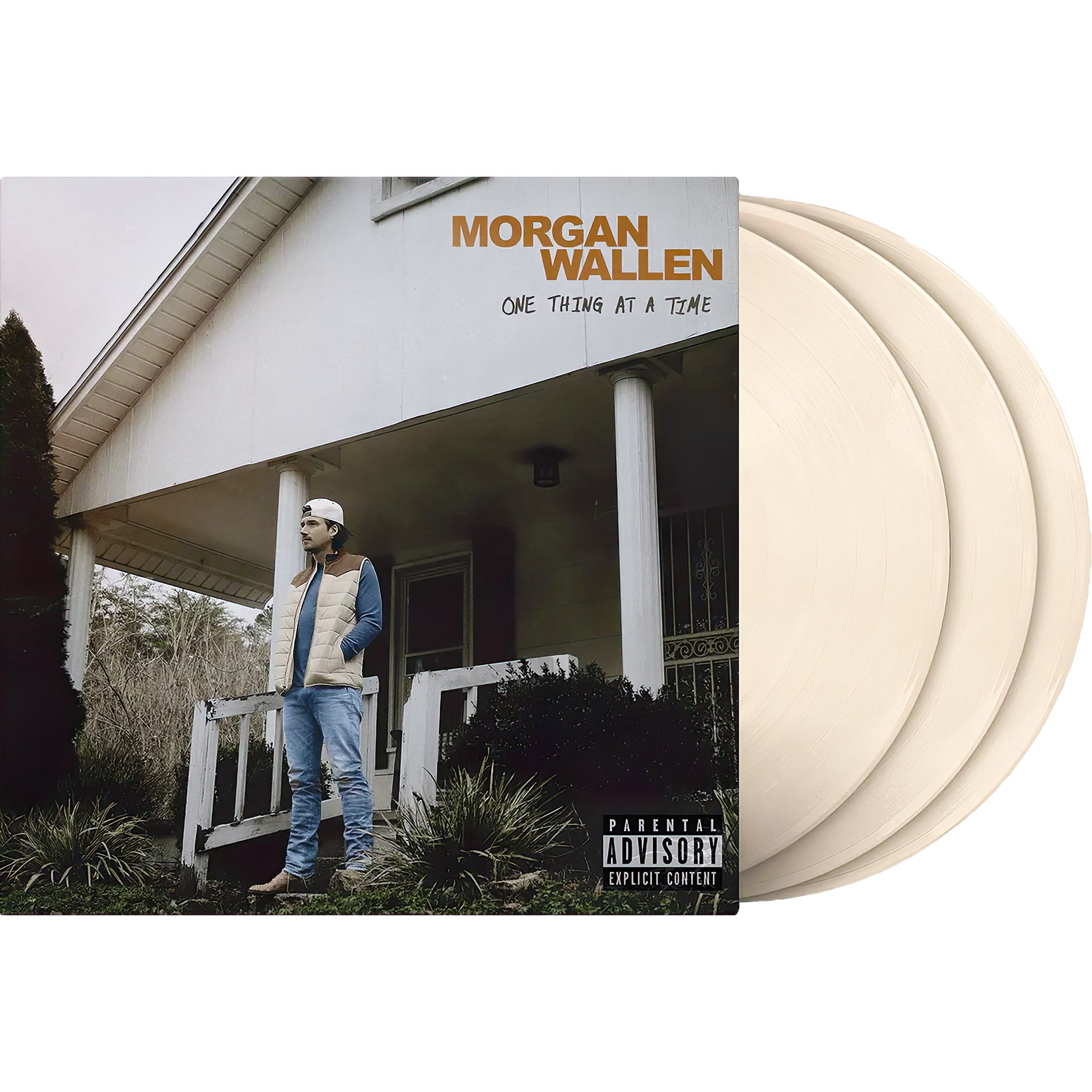 Morgan Wallen One Thing At A Time vinyl packshot, bone colored 3 LP format, country rock album packaging