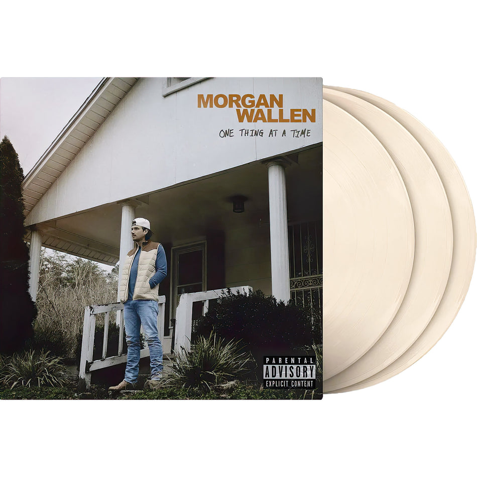 Morgan Wallen One Thing At A Time vinyl packshot, bone colored 3 LP format, country rock album packaging