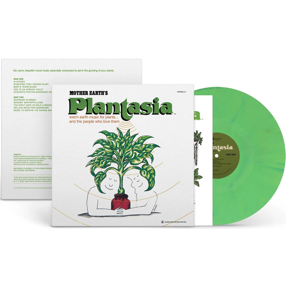 Mort Garson Mother Earth's Plantasia packshot for the 50th Anniversary green eco-mix colored vinyl LP. Available at Toucan Records