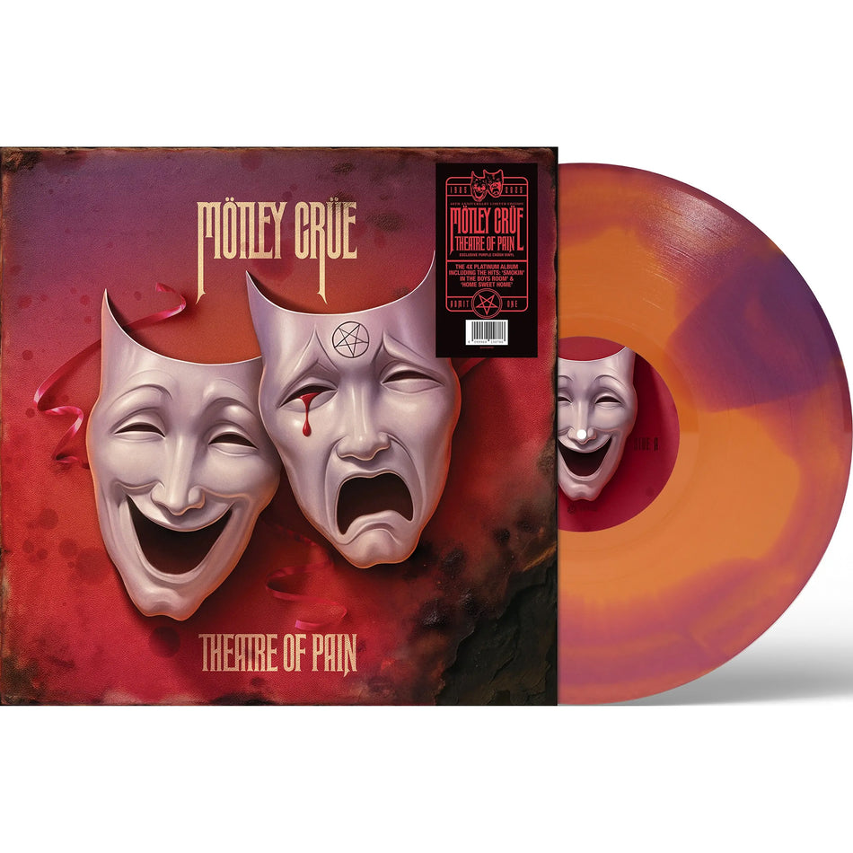Motley Crue - Theatre of Pain vinyl packshot, 40th anniversary edition, glam metal era limited edition collectible record, Purple Crush color